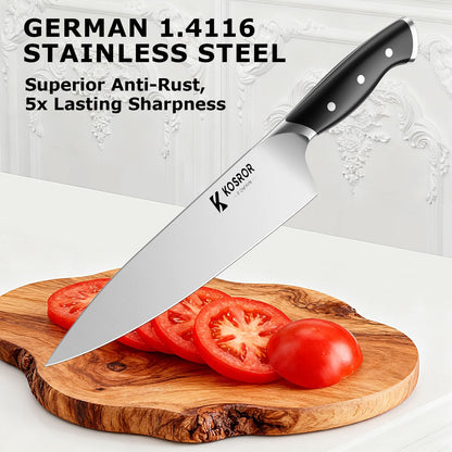 Kitchen Knife Set with Block: 15-Piece German Stainless Steel with Dual Sharpener for Beginners - Covers 95% Kitchen Tasks - Black Full-Tang Ergonomic Handle, Dishwasher Safe, Easy to Use