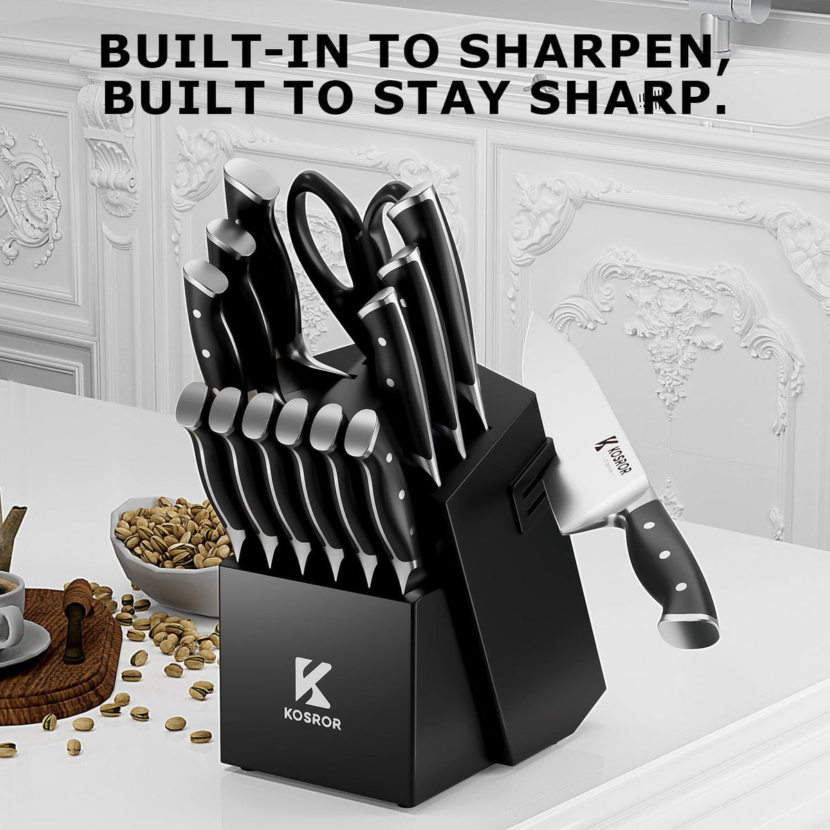Kitchen Knife Set with Block: 15-Piece German Stainless Steel with Dual Sharpener for Beginners - Covers 95% Kitchen Tasks - Black Full-Tang Ergonomic Handle, Dishwasher Safe, Easy to Use