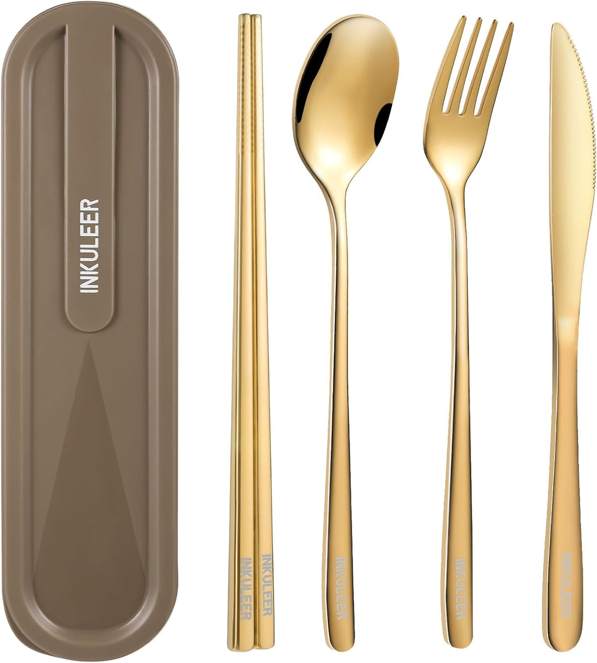 Travel cutlery set, 18/8 stainless steel cutlery, Reusable utensils set with case, Portable Silverware Lunch Box for Camping and Office (Rose Gold/knife set)