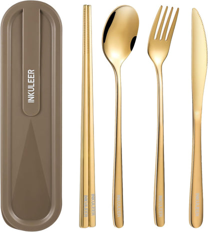 Travel cutlery set, 18/8 stainless steel cutlery, Reusable utensils set with case, Portable Silverware Lunch Box for Camping and Office (Rose Gold/knife set)