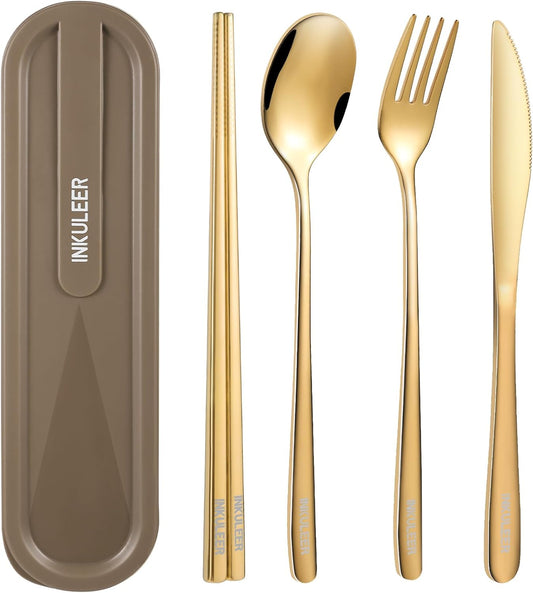 Travel cutlery set, 18/8 stainless steel cutlery, Reusable utensils set with case, Portable Silverware Lunch Box for Camping and Office (Rose Gold/knife set)