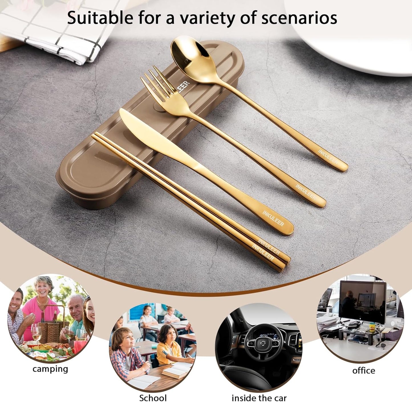 Travel cutlery set, 18/8 stainless steel cutlery, Reusable utensils set with case, Portable Silverware Lunch Box for Camping and Office (Rose Gold/knife set)