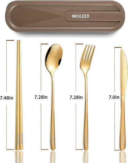 Travel cutlery set, 18/8 stainless steel cutlery, Reusable utensils set with case, Portable Silverware Lunch Box for Camping and Office (Rose Gold/knife set)