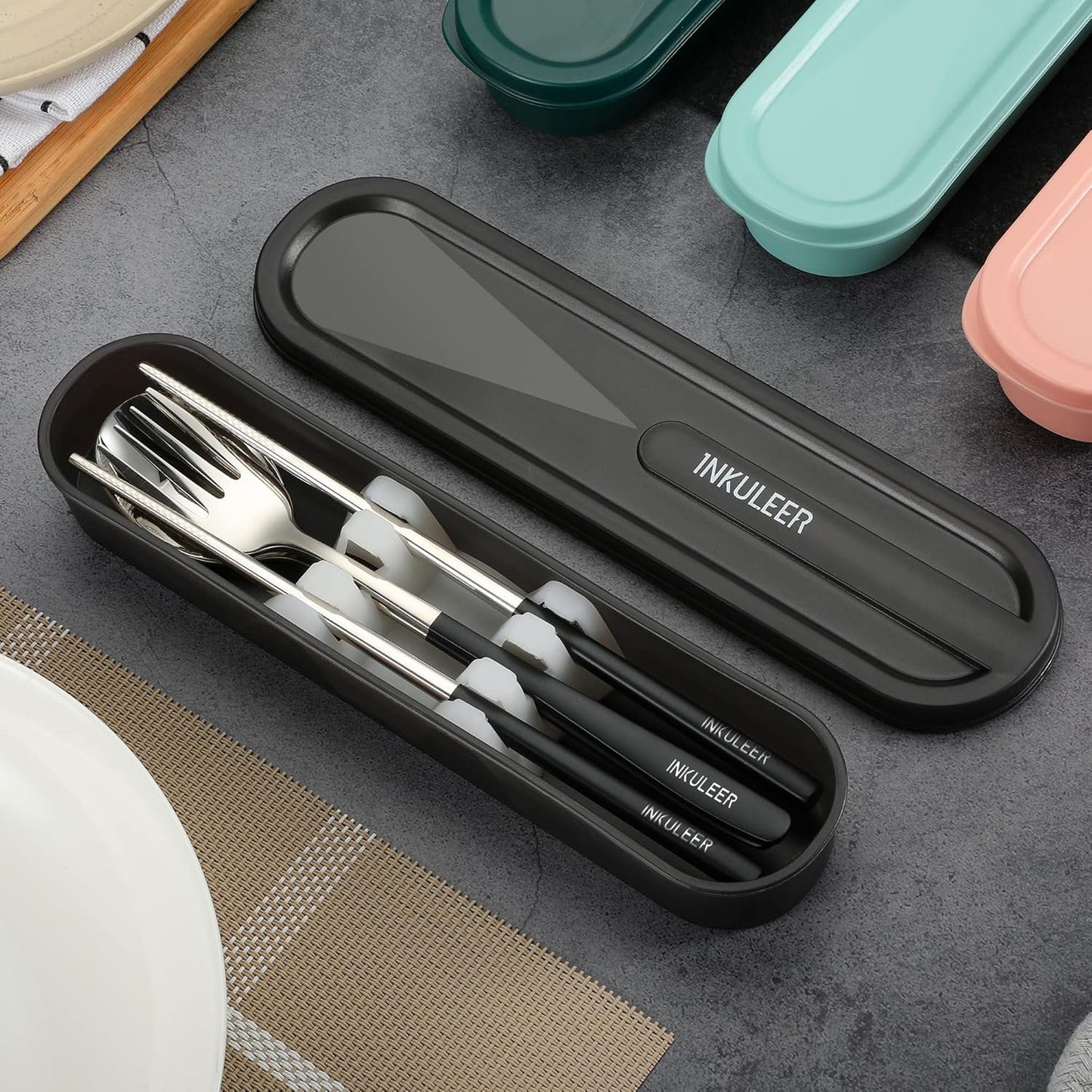 Travel cutlery set, 18/8 stainless steel cutlery, Reusable utensils set with case, Portable Silverware Lunch Box for Camping and Office (Rose Gold/knife set)