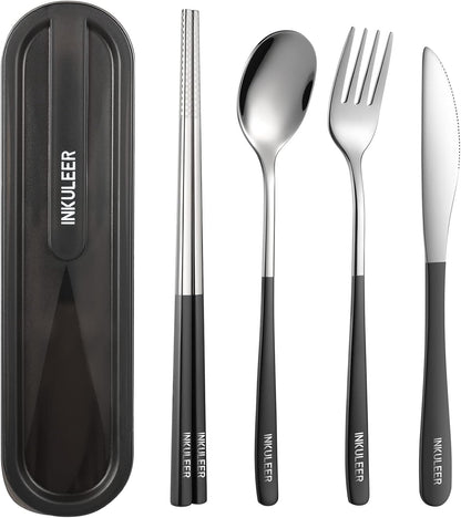 Travel cutlery set, 18/8 stainless steel cutlery, Reusable utensils set with case, Portable Silverware Lunch Box for Camping and Office (Rose Gold/knife set)