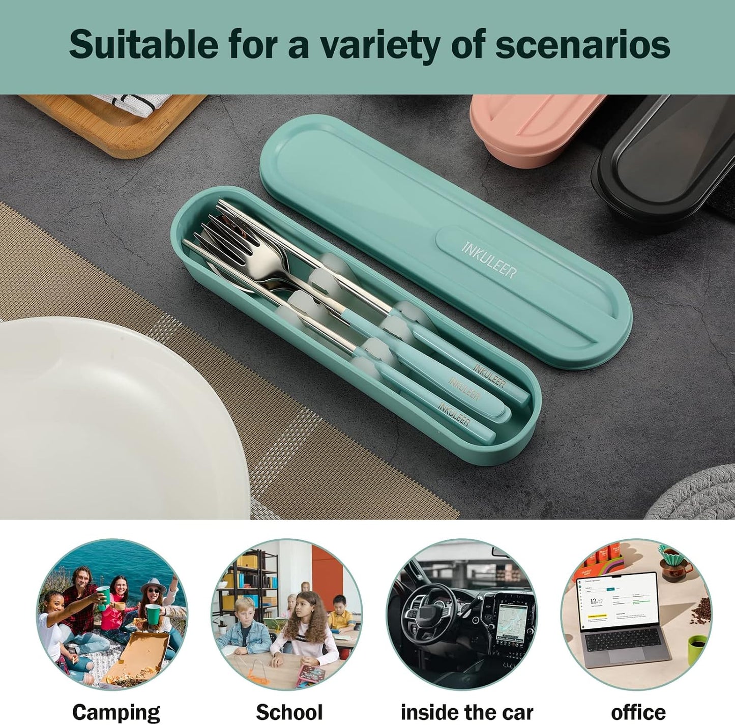 Travel cutlery set, 18/8 stainless steel cutlery, Reusable utensils set with case, Portable Silverware Lunch Box for Camping and Office (Rose Gold/knife set)