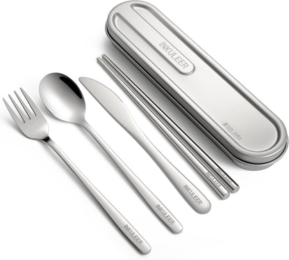 Travel cutlery set, 18/8 stainless steel cutlery, Reusable utensils set with case, Portable Silverware Lunch Box for Camping and Office (Rose Gold/knife set)