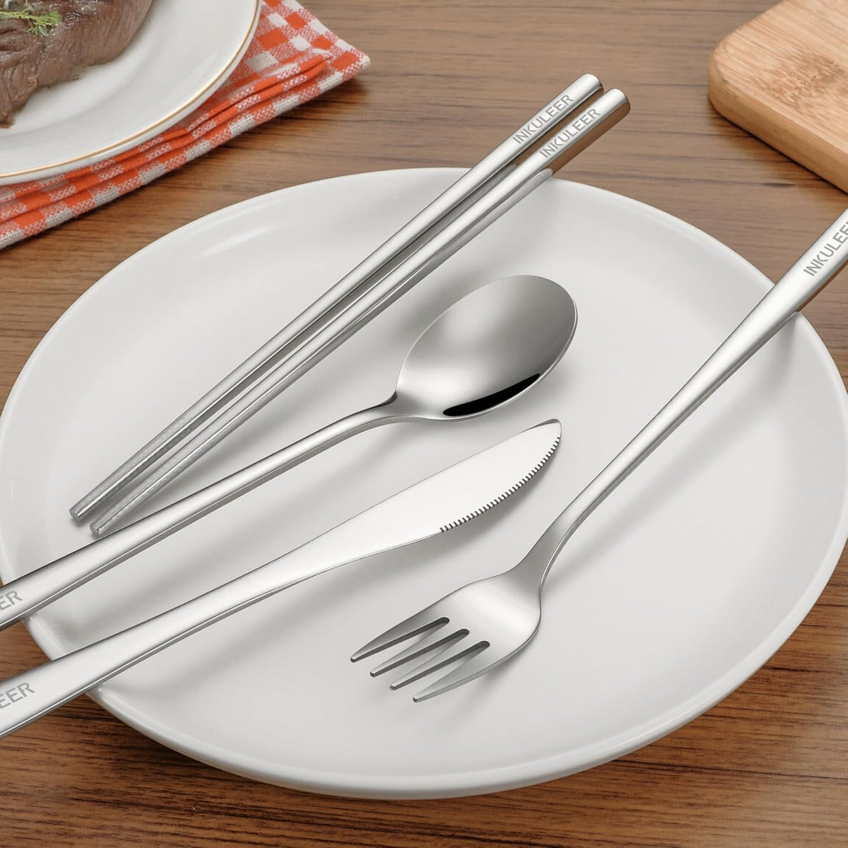 Travel cutlery set, 18/8 stainless steel cutlery, Reusable utensils set with case, Portable Silverware Lunch Box for Camping and Office (Rose Gold/knife set)
