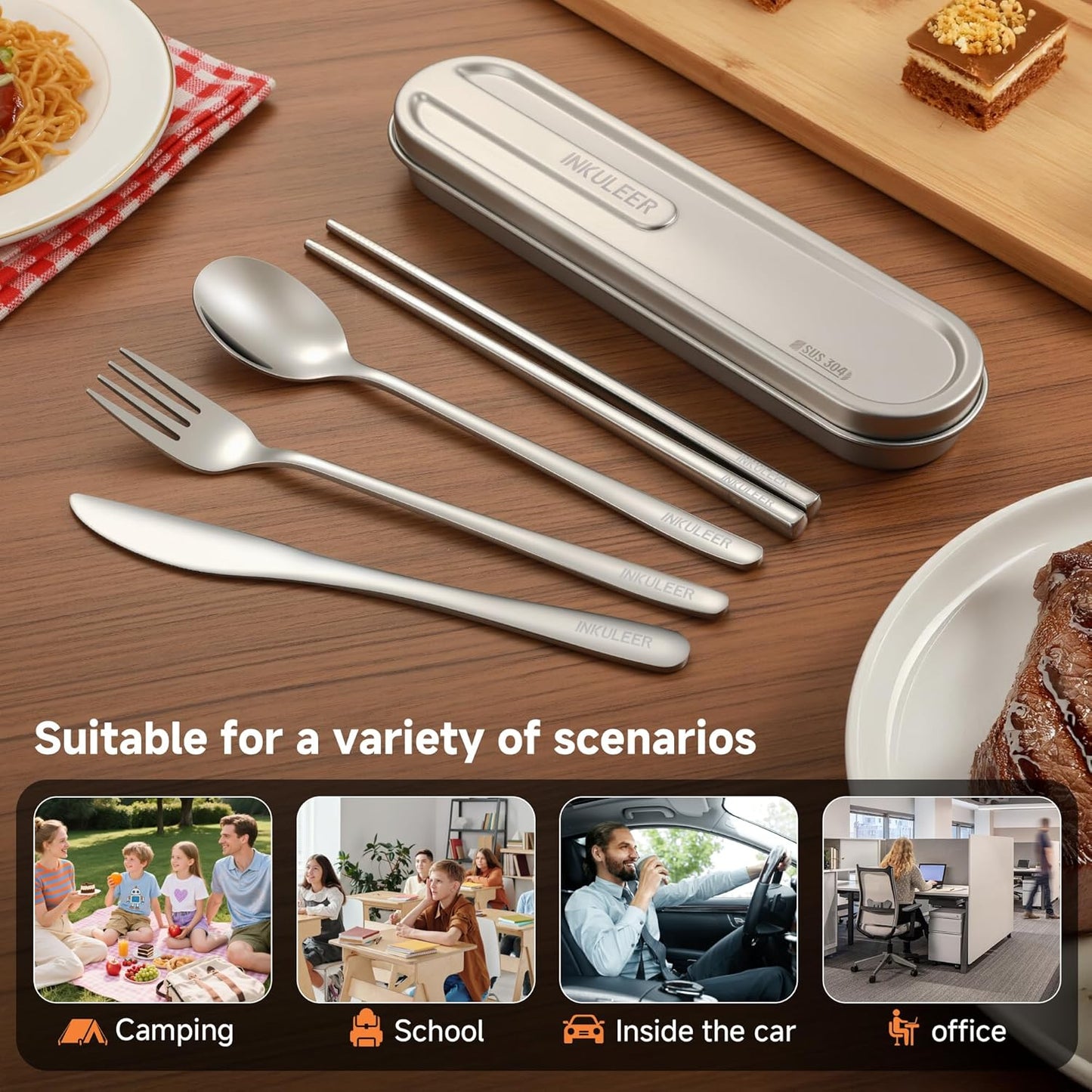 Travel cutlery set, 18/8 stainless steel cutlery, Reusable utensils set with case, Portable Silverware Lunch Box for Camping and Office (Rose Gold/knife set)