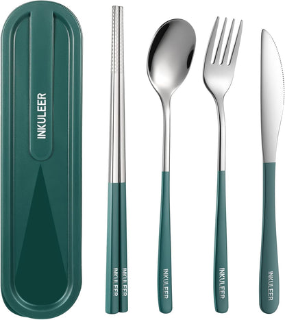 Travel cutlery set, 18/8 stainless steel cutlery, Reusable utensils set with case, Portable Silverware Lunch Box for Camping and Office (Rose Gold/knife set)