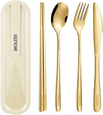 Travel cutlery set, 18/8 stainless steel cutlery, Reusable utensils set with case, Portable Silverware Lunch Box for Camping and Office (Rose Gold/knife set)