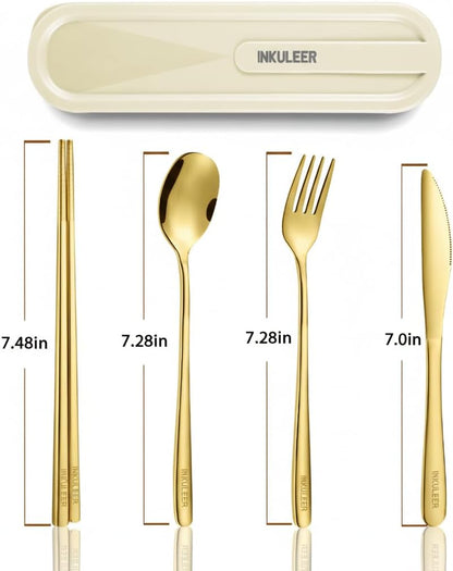 Travel cutlery set, 18/8 stainless steel cutlery, Reusable utensils set with case, Portable Silverware Lunch Box for Camping and Office (Rose Gold/knife set)