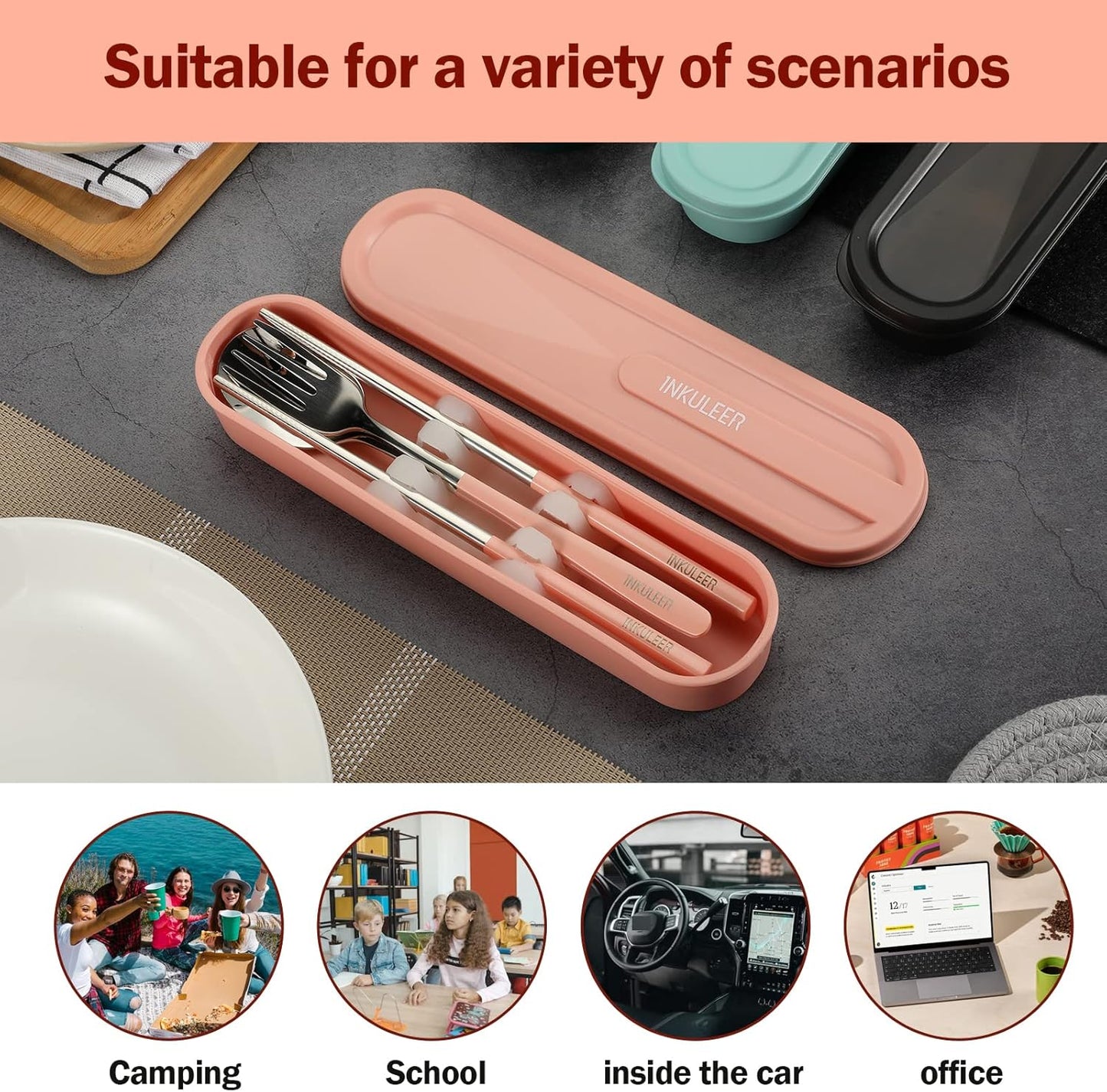 Travel cutlery set, 18/8 stainless steel cutlery, Reusable utensils set with case, Portable Silverware Lunch Box for Camping and Office (Rose Gold/knife set)