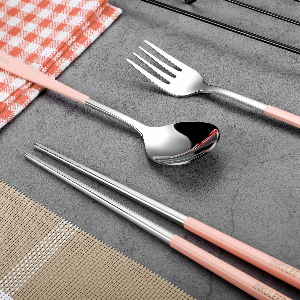 Travel cutlery set, 18/8 stainless steel cutlery, Reusable utensils set with case, Portable Silverware Lunch Box for Camping and Office (Rose Gold/knife set)