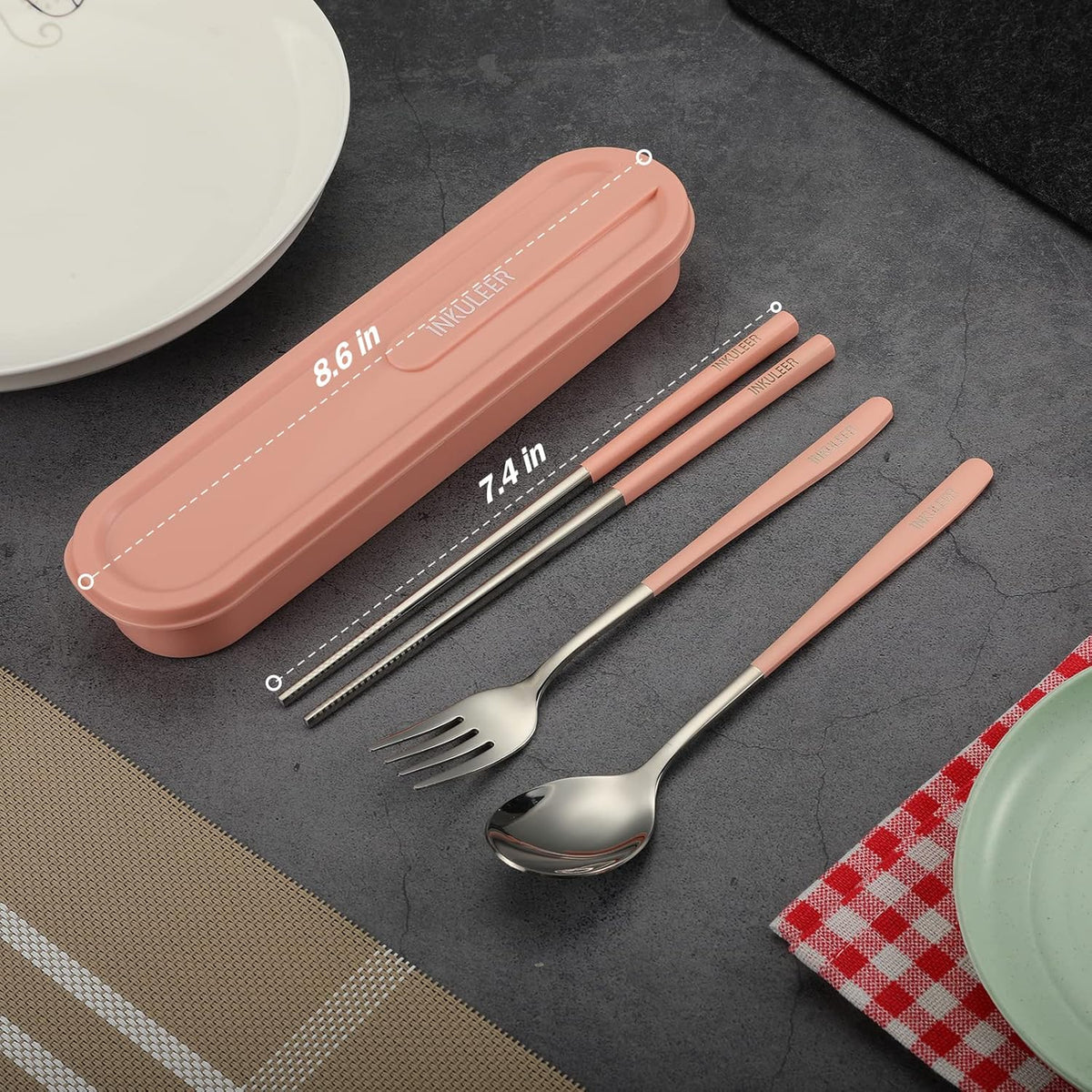 Travel cutlery set, 18/8 stainless steel cutlery, Reusable utensils set with case, Portable Silverware Lunch Box for Camping and Office (Rose Gold/knife set)