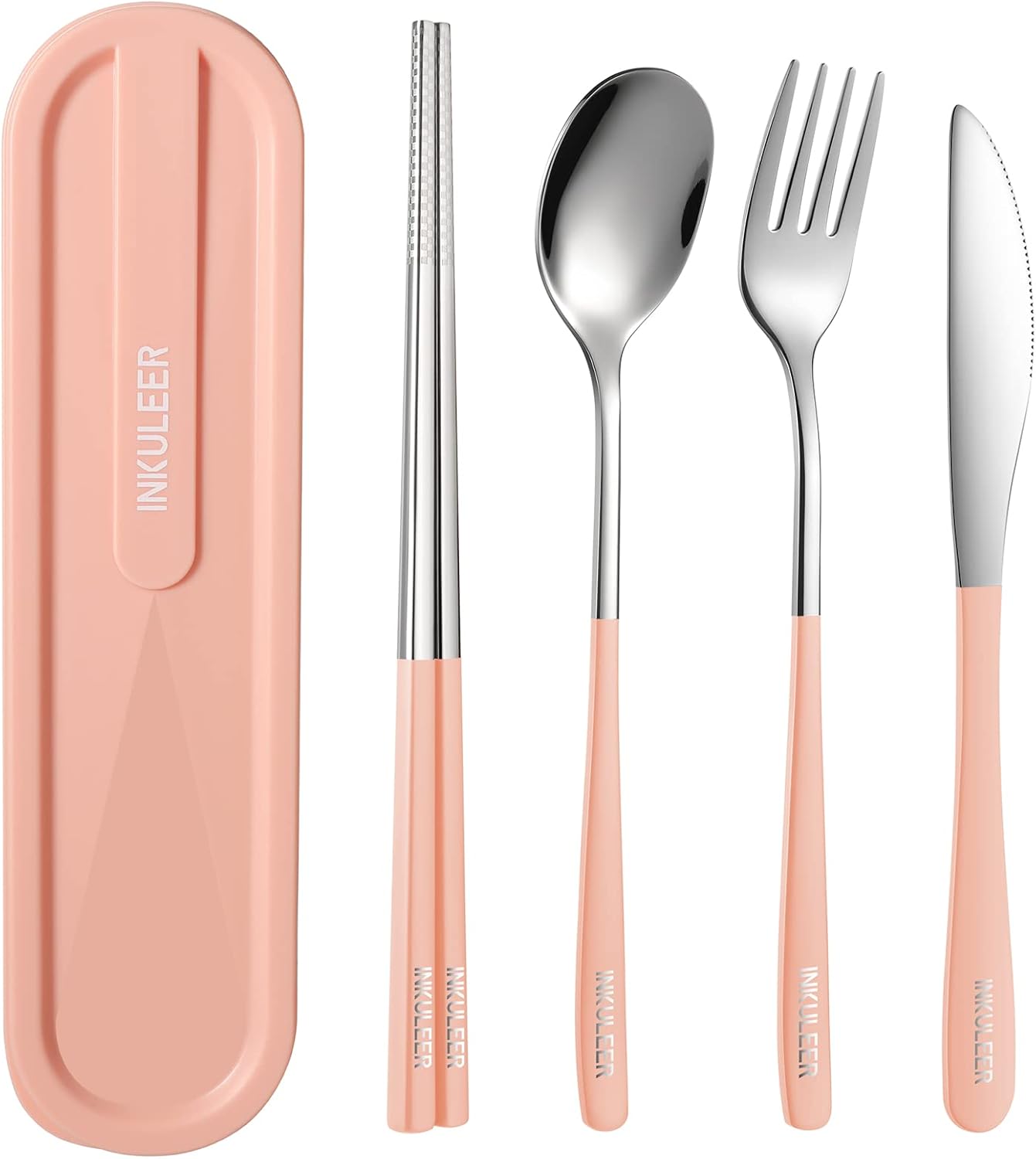 Travel cutlery set, 18/8 stainless steel cutlery, Reusable utensils set with case, Portable Silverware Lunch Box for Camping and Office (Rose Gold/knife set)
