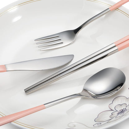 Travel cutlery set, 18/8 stainless steel cutlery, Reusable utensils set with case, Portable Silverware Lunch Box for Camping and Office (Rose Gold/knife set)
