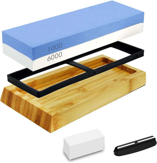 Sharpening Stone Whetstone Waterstone 2 Side Grit 1000/6000 Kitchen Knife Sharpener Fast Sharpening NonSlip Bamboo Base