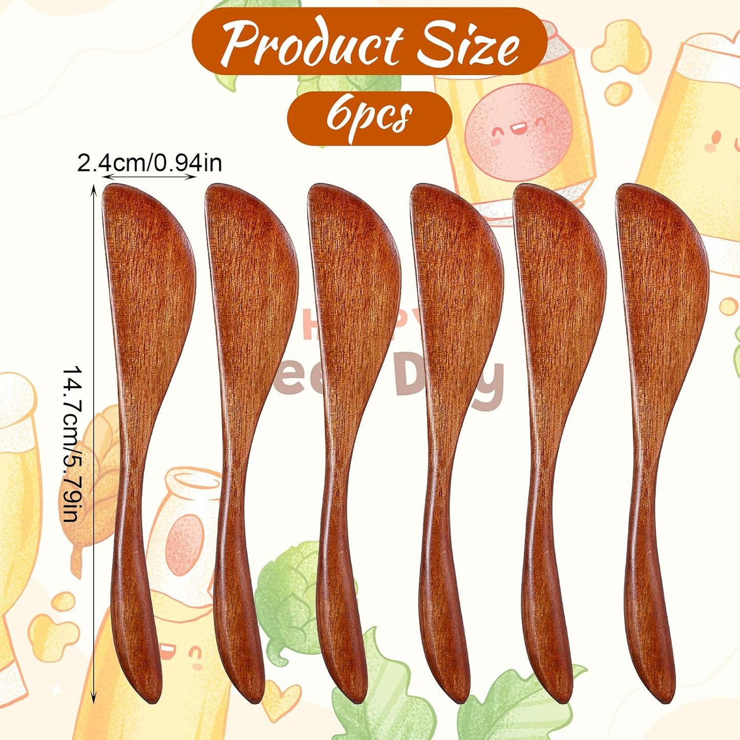 6 PCS Wood Butter Knife Spreader 5.9 Inch Wooden Butter Spreader Knife Cheese Spreaders for Kitchen Restaurant Home Stirring Mixing Use