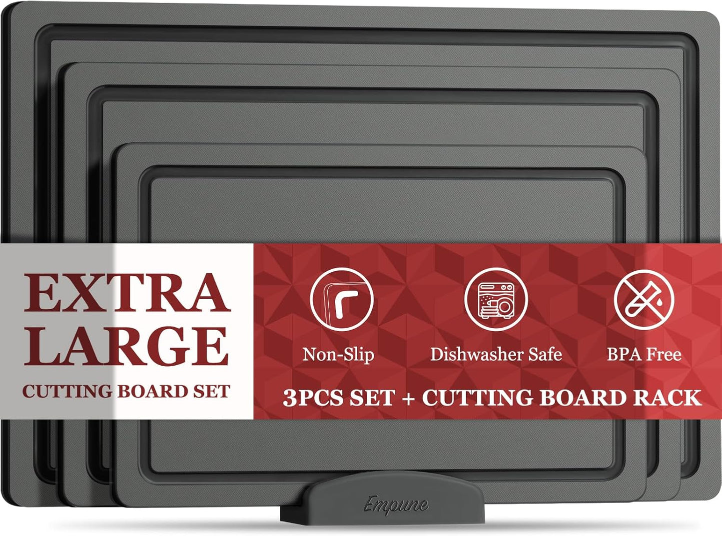 3-Piece Plastic Cutting Boards for Kitchen - Thick & Non-Slip Chopping Board Set with Juice Grooves, Dishwasher Safe, BPA Free, Includes Large & Small Sizes, Gray