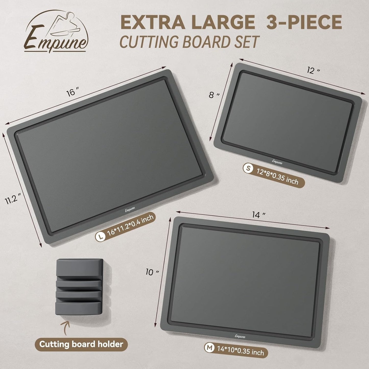 3-Piece Plastic Cutting Boards for Kitchen - Thick & Non-Slip Chopping Board Set with Juice Grooves, Dishwasher Safe, BPA Free, Includes Large & Small Sizes, Gray