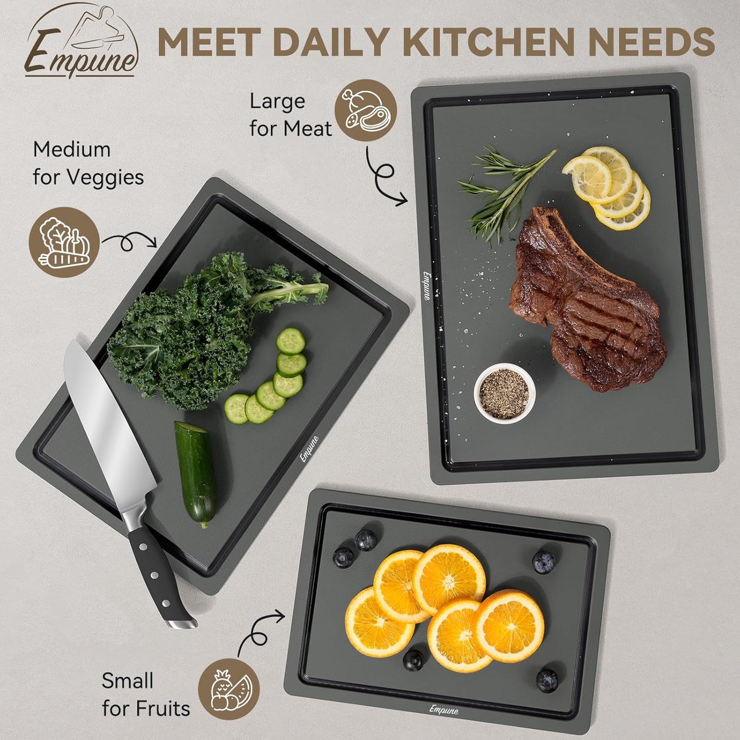 3-Piece Plastic Cutting Boards for Kitchen - Thick & Non-Slip Chopping Board Set with Juice Grooves, Dishwasher Safe, BPA Free, Includes Large & Small Sizes, Gray