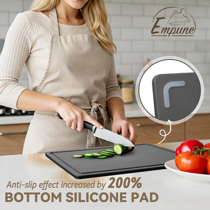 3-Piece Plastic Cutting Boards for Kitchen - Thick & Non-Slip Chopping Board Set with Juice Grooves, Dishwasher Safe, BPA Free, Includes Large & Small Sizes, Gray