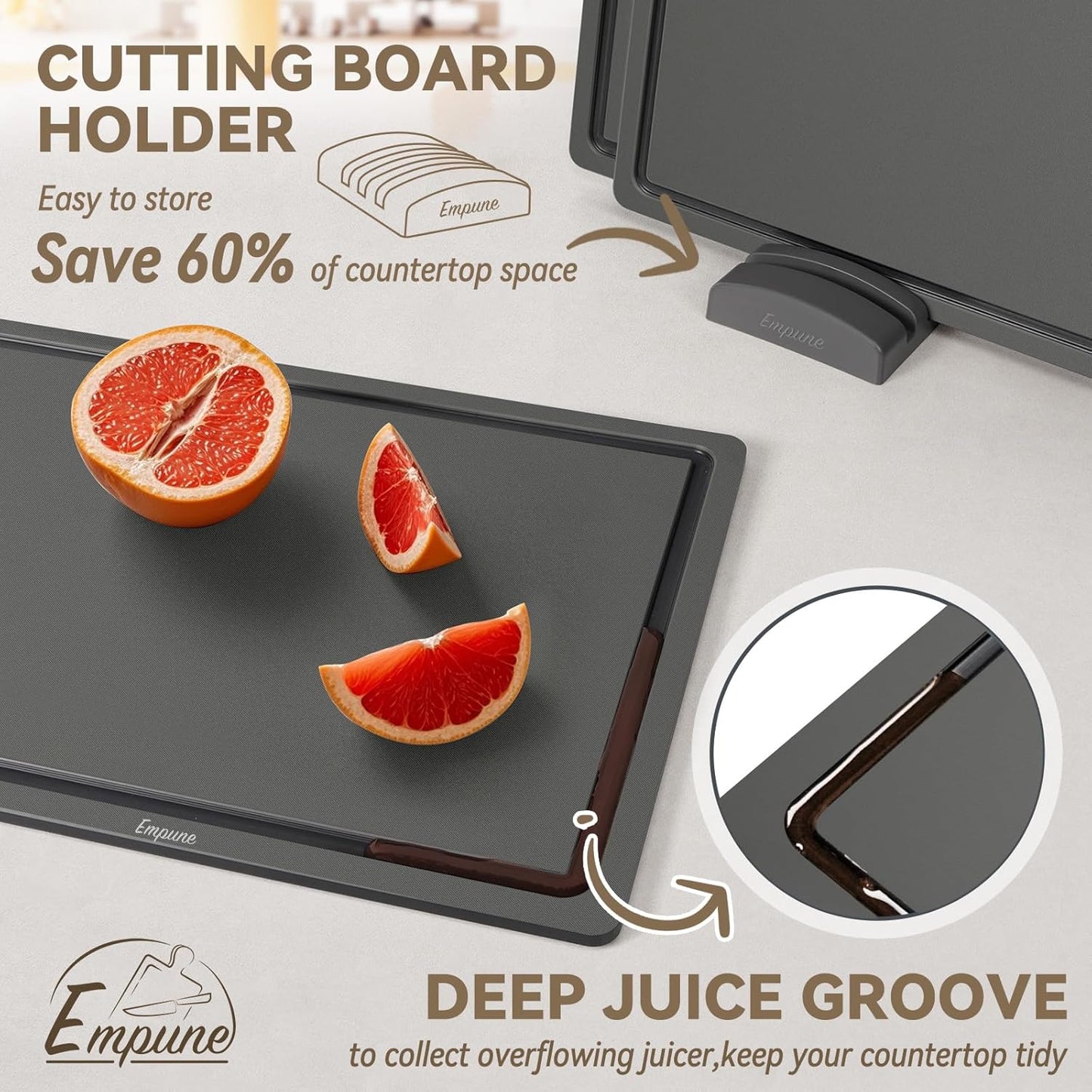 3-Piece Plastic Cutting Boards for Kitchen - Thick & Non-Slip Chopping Board Set with Juice Grooves, Dishwasher Safe, BPA Free, Includes Large & Small Sizes, Gray