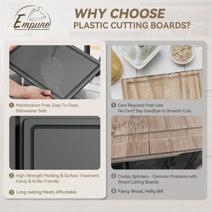 3-Piece Plastic Cutting Boards for Kitchen - Thick & Non-Slip Chopping Board Set with Juice Grooves, Dishwasher Safe, BPA Free, Includes Large & Small Sizes, Gray