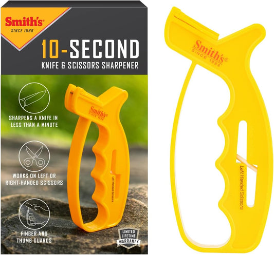 Smith’s JIFF-S 10-Sec Knife & Scissors Sharpener - Right & Left-Handed Scissors - Carbide Blades - Outdoor Sharpener for Pocket, Hunting, Fishing & Kitchen Knives - Handheld Pullover Sharpener
