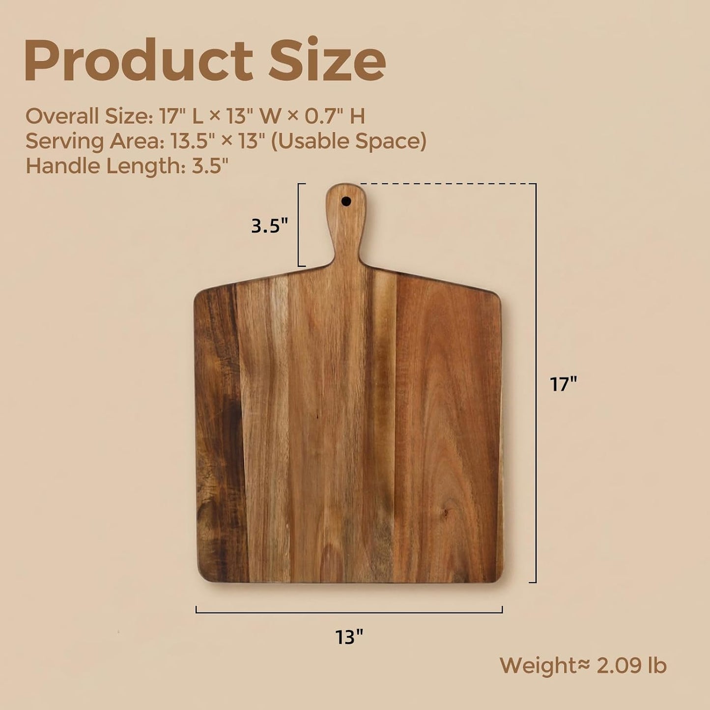 Acacia Wood Cutting Board with Handle, Wooden Chopping Board for Meat, Cheese, Bread & Vegetables, Decorative Charcuterie Serving Board for Kitchen Cooking, Pizza & Party Dining, 17"x13"