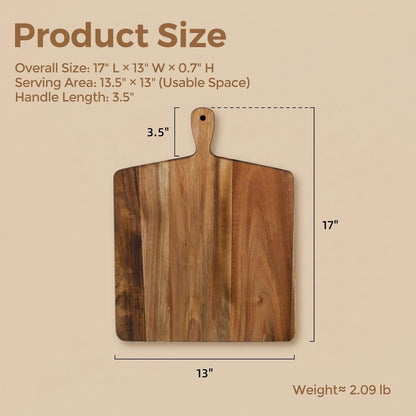 Acacia Wood Cutting Board with Handle, Wooden Chopping Board for Meat, Cheese, Bread & Vegetables, Decorative Charcuterie Serving Board for Kitchen Cooking, Pizza & Party Dining, 17"x13"