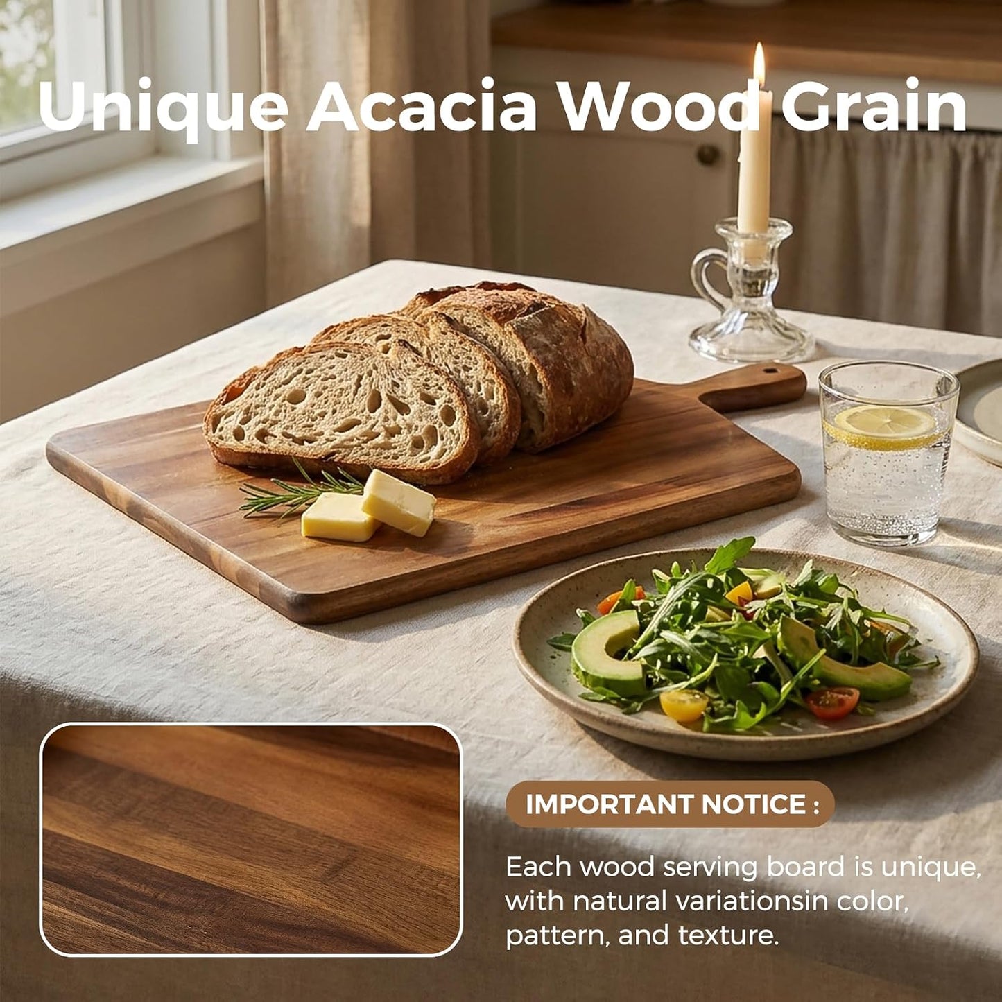 Acacia Wood Cutting Board with Handle, Wooden Chopping Board for Meat, Cheese, Bread & Vegetables, Decorative Charcuterie Serving Board for Kitchen Cooking, Pizza & Party Dining, 17"x13"