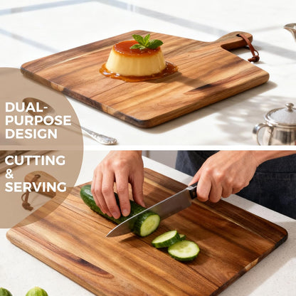 Acacia Wood Cutting Board with Handle, Wooden Chopping Board for Meat, Cheese, Bread & Vegetables, Decorative Charcuterie Serving Board for Kitchen Cooking, Pizza & Party Dining, 17"x13"