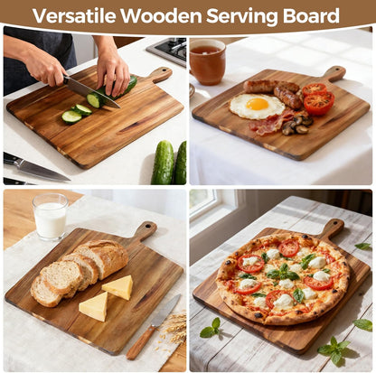 Acacia Wood Cutting Board with Handle, Wooden Chopping Board for Meat, Cheese, Bread & Vegetables, Decorative Charcuterie Serving Board for Kitchen Cooking, Pizza & Party Dining, 17"x13"