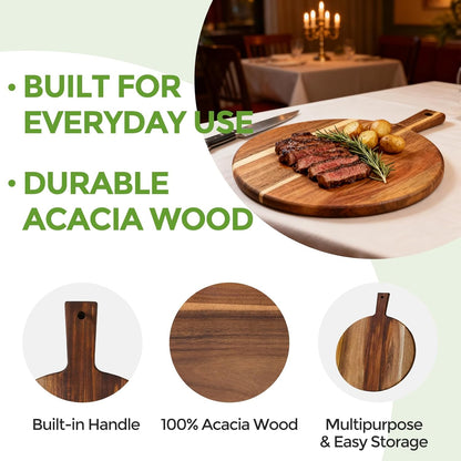 Acacia Wood Cutting Board with Handle, Wooden Chopping Board for Meat, Cheese, Bread & Vegetables, Decorative Charcuterie Serving Board for Kitchen Cooking, Pizza & Party Dining, 17"x13"