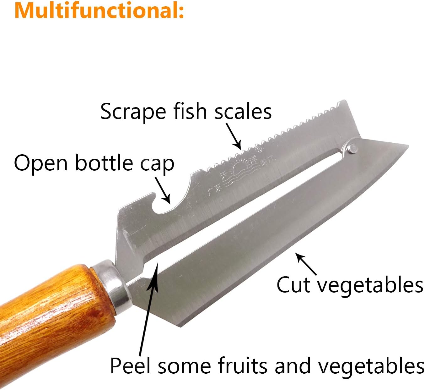 Sharp Multifunctional Stainless Steel Wooden Handle Knife Fruits Peeler Vegetables Knife Fish Scales Scraper Bottle Opener