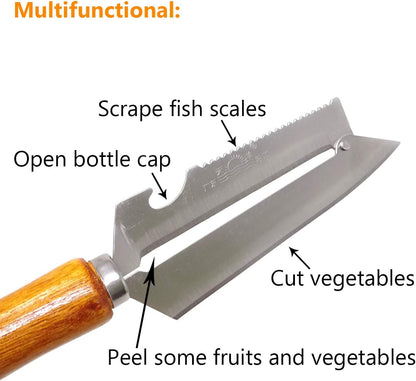 Sharp Multifunctional Stainless Steel Wooden Handle Knife Fruits Peeler Vegetables Knife Fish Scales Scraper Bottle Opener