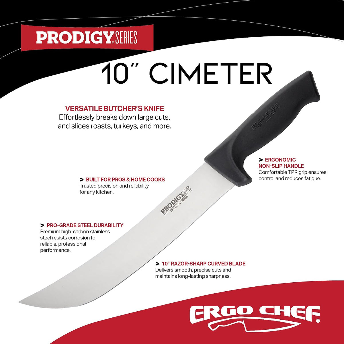 Prodigy Series 12-Inch Cimeter Breaking Knife - High Carbon Stainless Steel Butcher Knife with Curved Blade, Ergonomic Non-Slip Handle, Black
