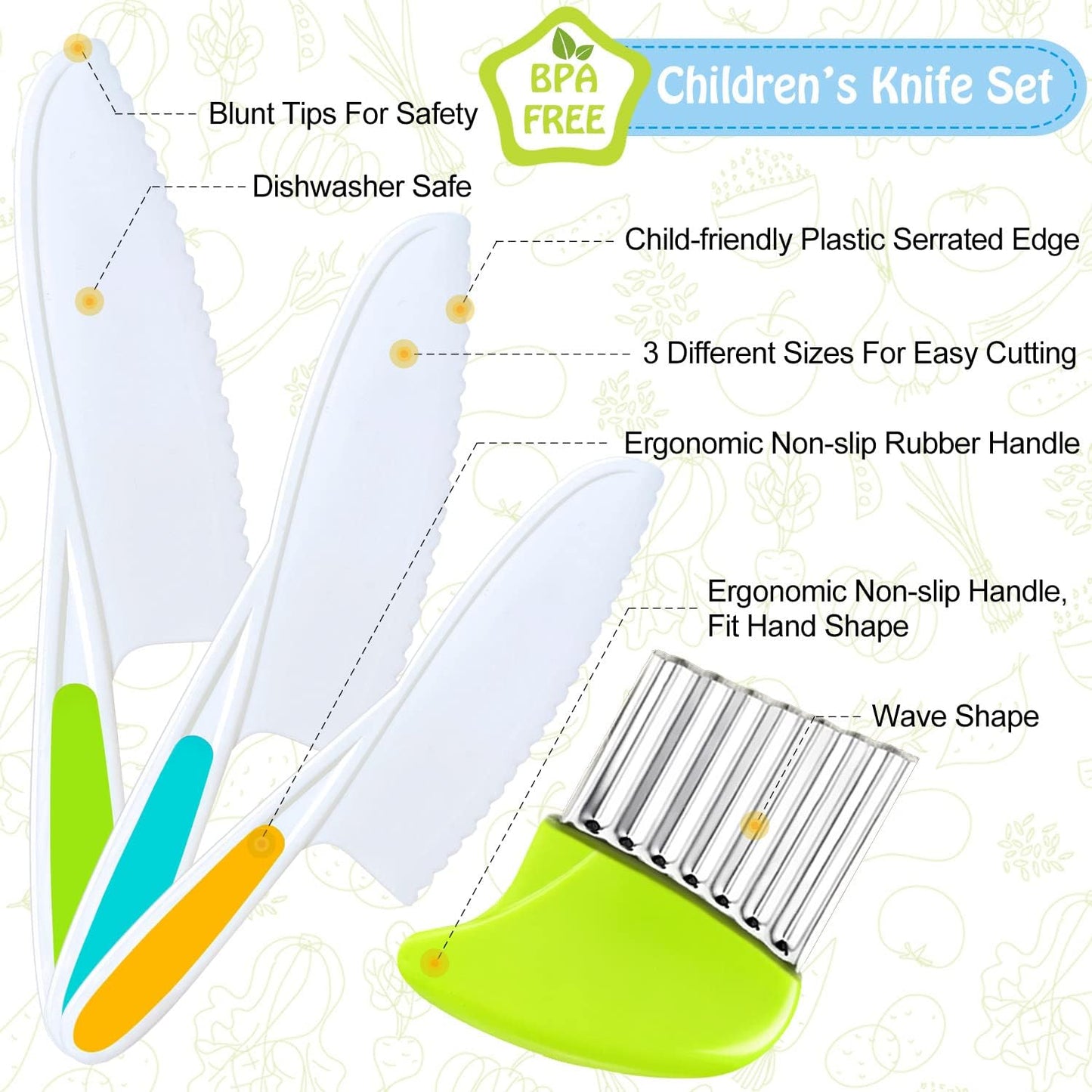 9 Pcs Kids Kitchen Knife Set, Kids Knives For Real Cooking With Cutting Board, Y Peeler, Crinkle Cutter, Sandwich Cutter, Serrated Edges Plastic Toddler Knife Kid Safe Knives