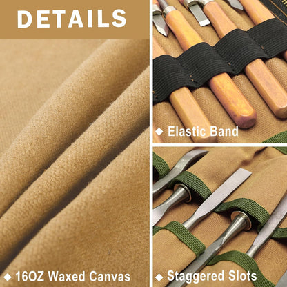 16OZ Waxed Canvas Tool Roll Bag, Heavy Duty Tool Storage Roll Bag with 7 Tool Slots & 1 Detachable Pouch, Khaki Tool Organizer for Wrenches and Tools (23.5"L x 9.5"W)