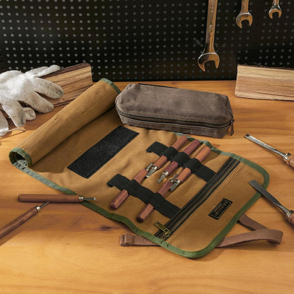 16OZ Waxed Canvas Tool Roll Bag, Heavy Duty Tool Storage Roll Bag with 7 Tool Slots & 1 Detachable Pouch, Khaki Tool Organizer for Wrenches and Tools (23.5"L x 9.5"W)