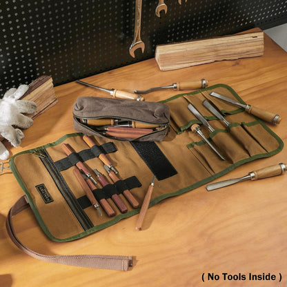 16OZ Waxed Canvas Tool Roll Bag, Heavy Duty Tool Storage Roll Bag with 7 Tool Slots & 1 Detachable Pouch, Khaki Tool Organizer for Wrenches and Tools (23.5"L x 9.5"W)