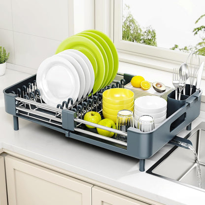 Extendable Stainless Dish Drying Rack for Kitchen Counter | 13.78"W x 18.7"L, Foldable Drainboard for Space Saving, Knife and Utensil Holder, Fast-draining Spout, Dark Slate Teal