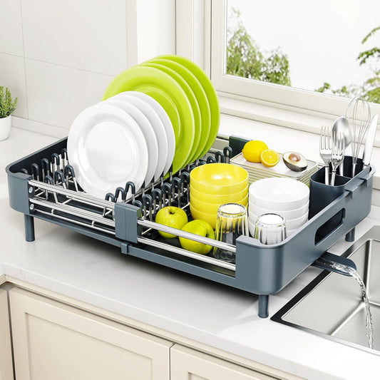Extendable Stainless Dish Drying Rack for Kitchen Counter | 13.78"W x 18.7"L, Foldable Drainboard for Space Saving, Knife and Utensil Holder, Fast-draining Spout, Dark Slate Teal