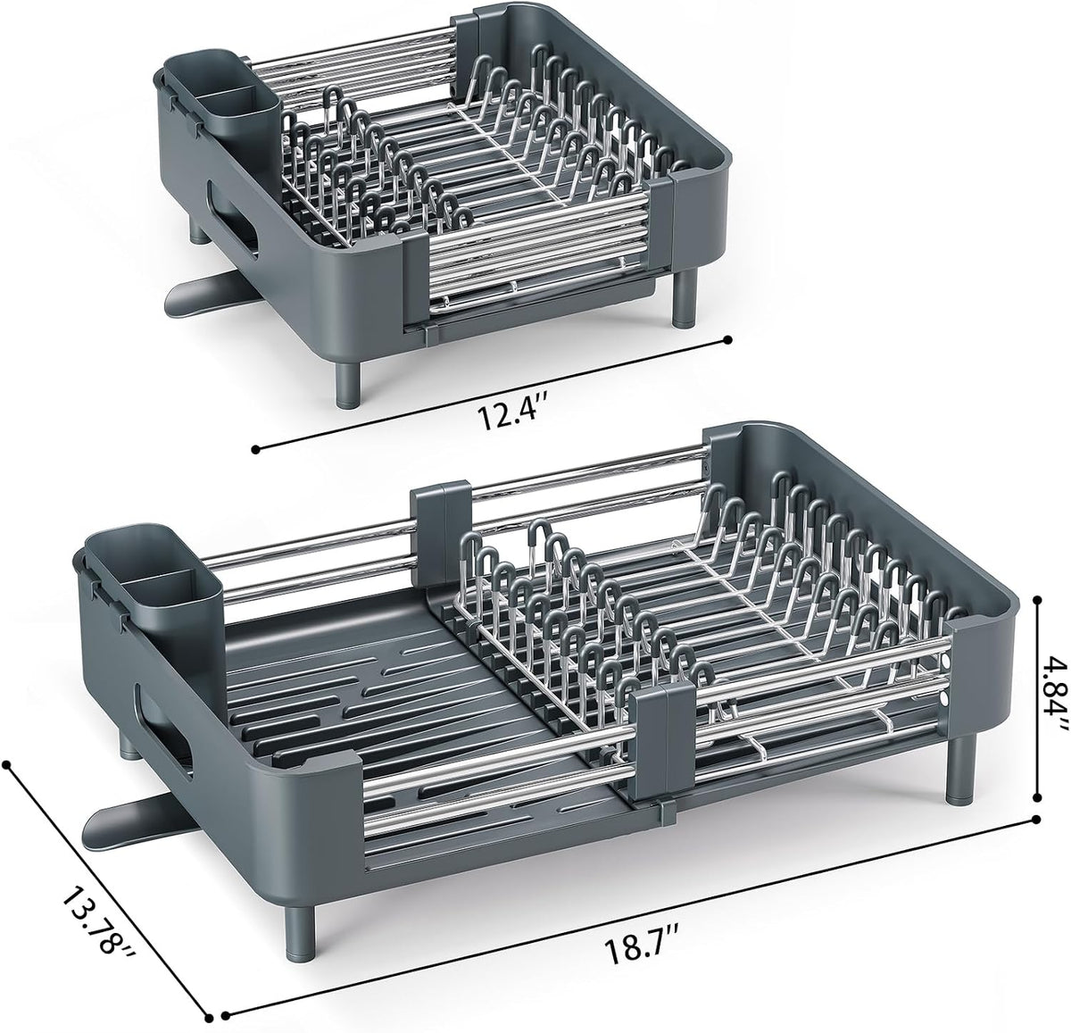 Extendable Stainless Dish Drying Rack for Kitchen Counter | 13.78"W x 18.7"L, Foldable Drainboard for Space Saving, Knife and Utensil Holder, Fast-draining Spout, Dark Slate Teal