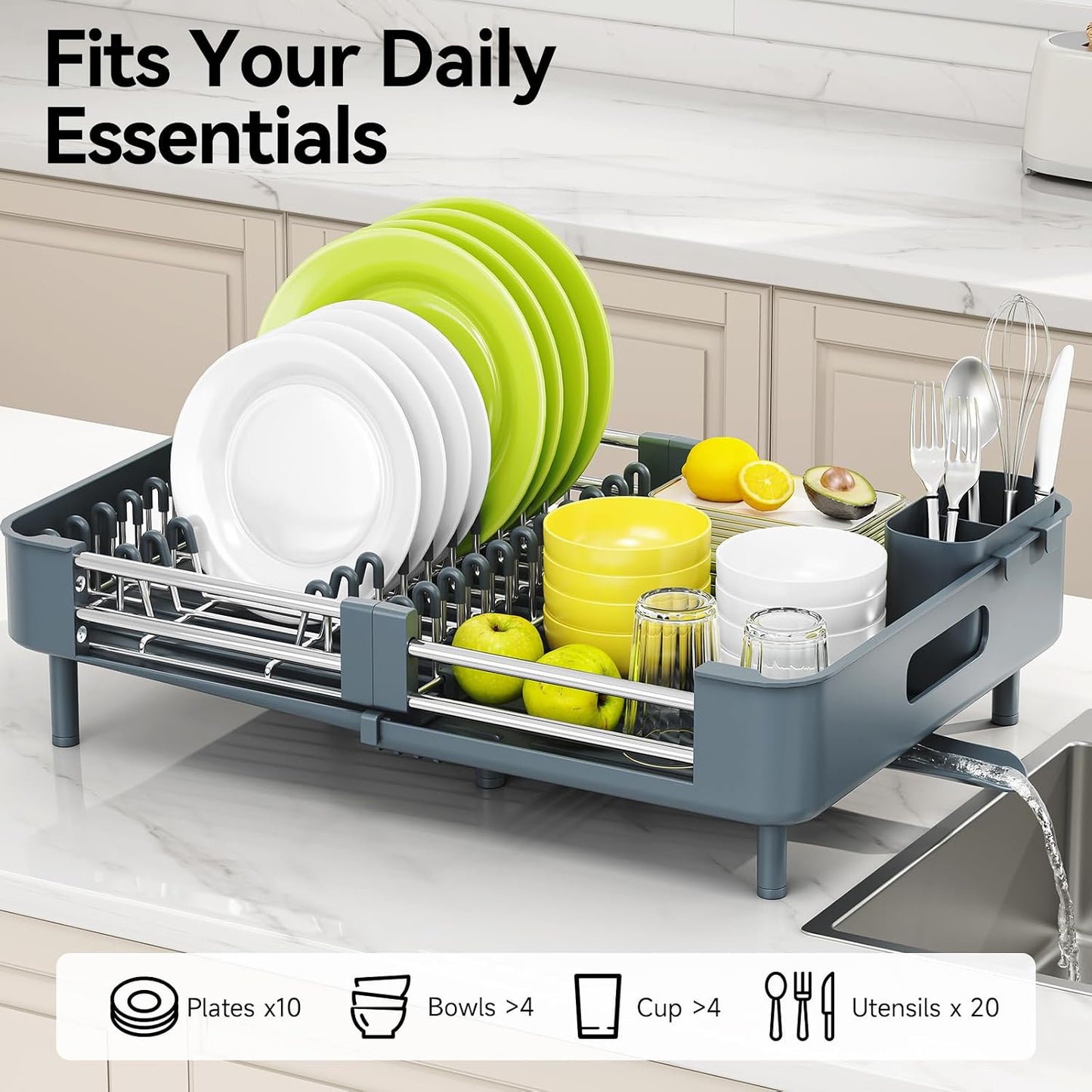 Extendable Stainless Dish Drying Rack for Kitchen Counter | 13.78"W x 18.7"L, Foldable Drainboard for Space Saving, Knife and Utensil Holder, Fast-draining Spout, Dark Slate Teal