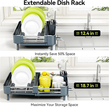 Extendable Stainless Dish Drying Rack for Kitchen Counter | 13.78"W x 18.7"L, Foldable Drainboard for Space Saving, Knife and Utensil Holder, Fast-draining Spout, Dark Slate Teal