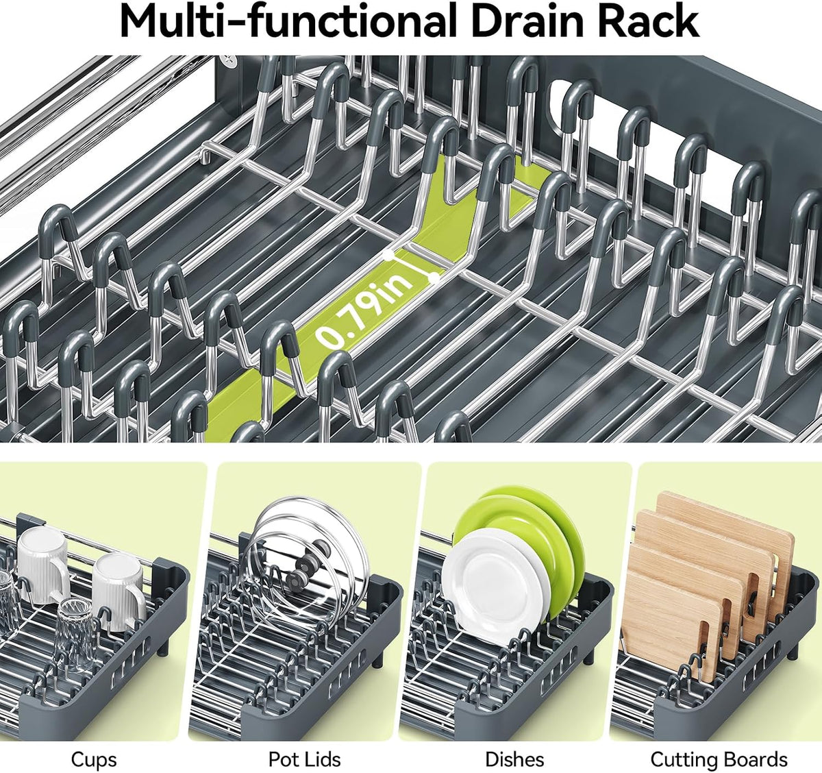 Extendable Stainless Dish Drying Rack for Kitchen Counter | 13.78"W x 18.7"L, Foldable Drainboard for Space Saving, Knife and Utensil Holder, Fast-draining Spout, Dark Slate Teal