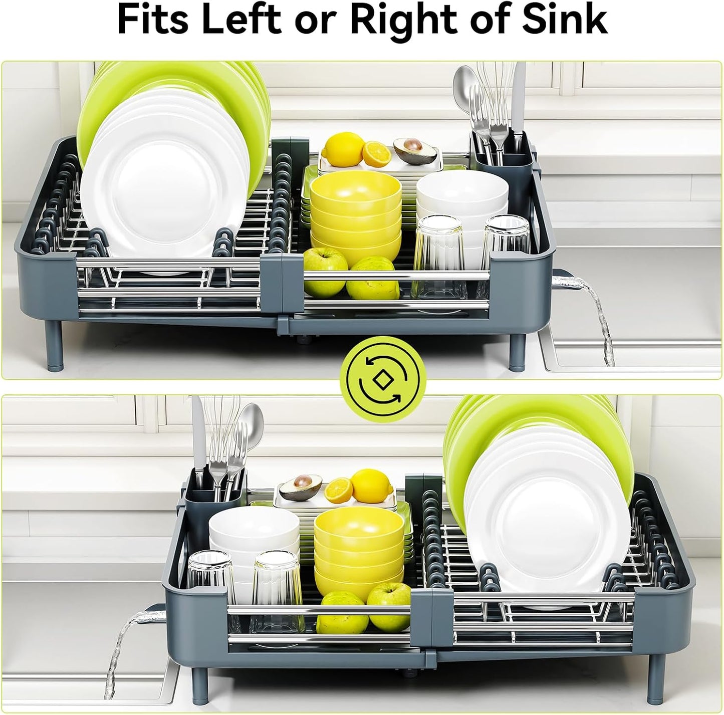 Extendable Stainless Dish Drying Rack for Kitchen Counter | 13.78"W x 18.7"L, Foldable Drainboard for Space Saving, Knife and Utensil Holder, Fast-draining Spout, Dark Slate Teal